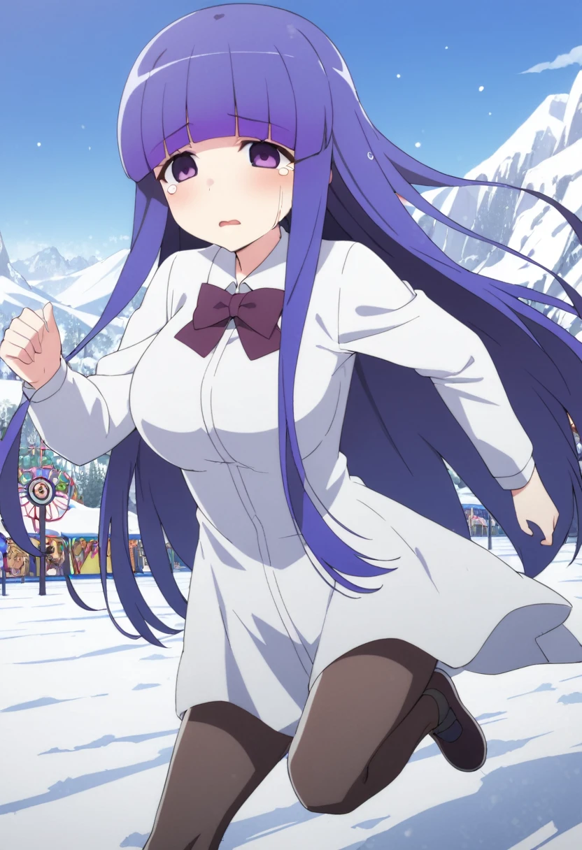 1girl, nsfw, furuderika, long hair, purple eyes, blue hair, blunt bangs,,　Expressionless　,  , large breasts, nipple, Running, ,, Heavy snowfall area　frozen wet , mountain Alone, , Naked, solo, 1girl,　amusement park ,