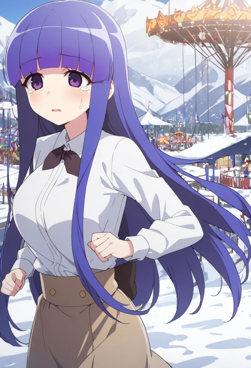 1girl, , furuderika, long hair, purple eyes, blue hair, blunt bangs,,　　, empty eyes , large breasts, , Running, ,, Heavy snowfall area　frozen , mountain Alone, crying, , solo, 1girl,　amusement park ,, 