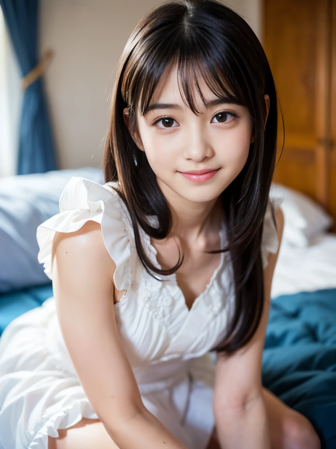 highest quality, High resolution, realistic pictures, detailed skin texture,  Japan girls, view audience, slim body shape, charming gaze, Fair skin, baby face, (flat2), long straight hair, (loli:1.2), smile showing teeth, in bed by the window, Short, off-the-shoulder white camisole