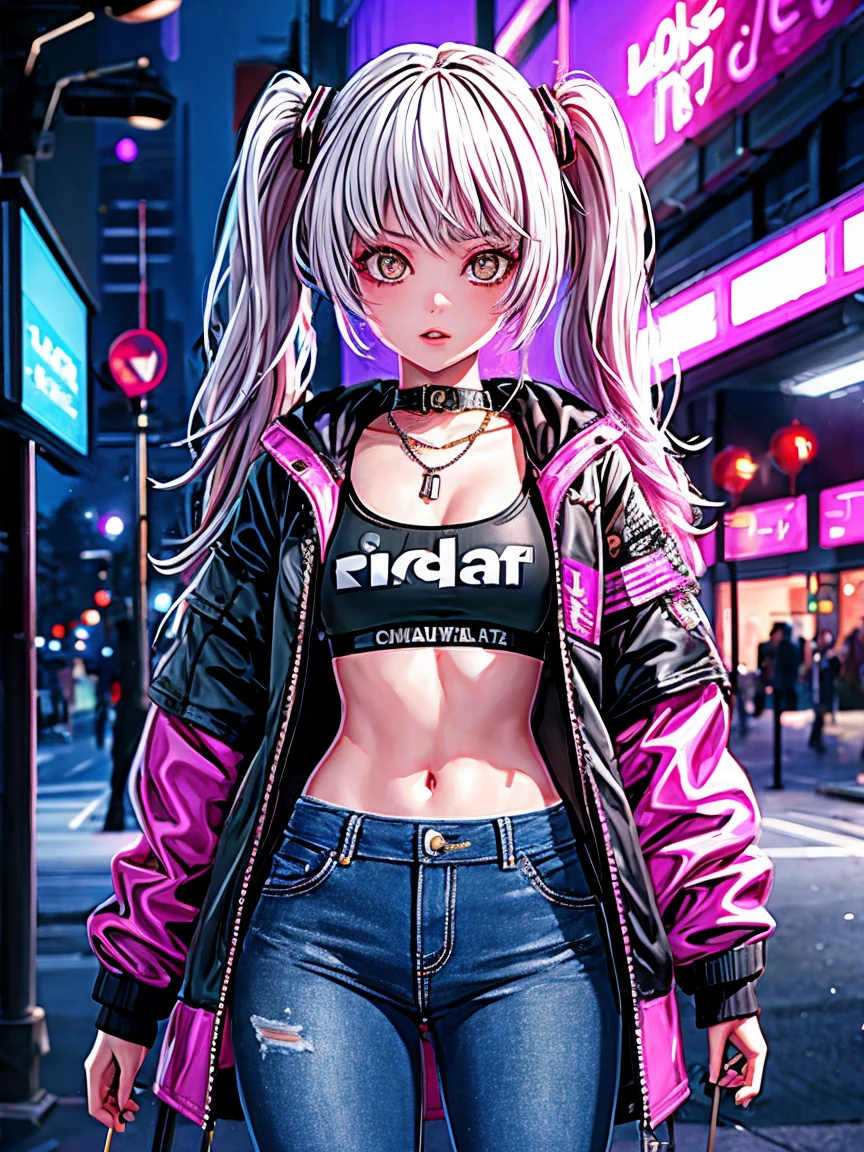 Photographie en gros plan, Jeune femme suicide girl avec des tatouages sur le corps, toute petite poitrine sous son t-shirt, confident in blond and pink gradient multicolored hair with bangs and duvets, porter un blouson en jeans sans manches avec des motifs roses et bleus dessus, in a street soaked by rain at night, photoreallistic, lighting cinematic