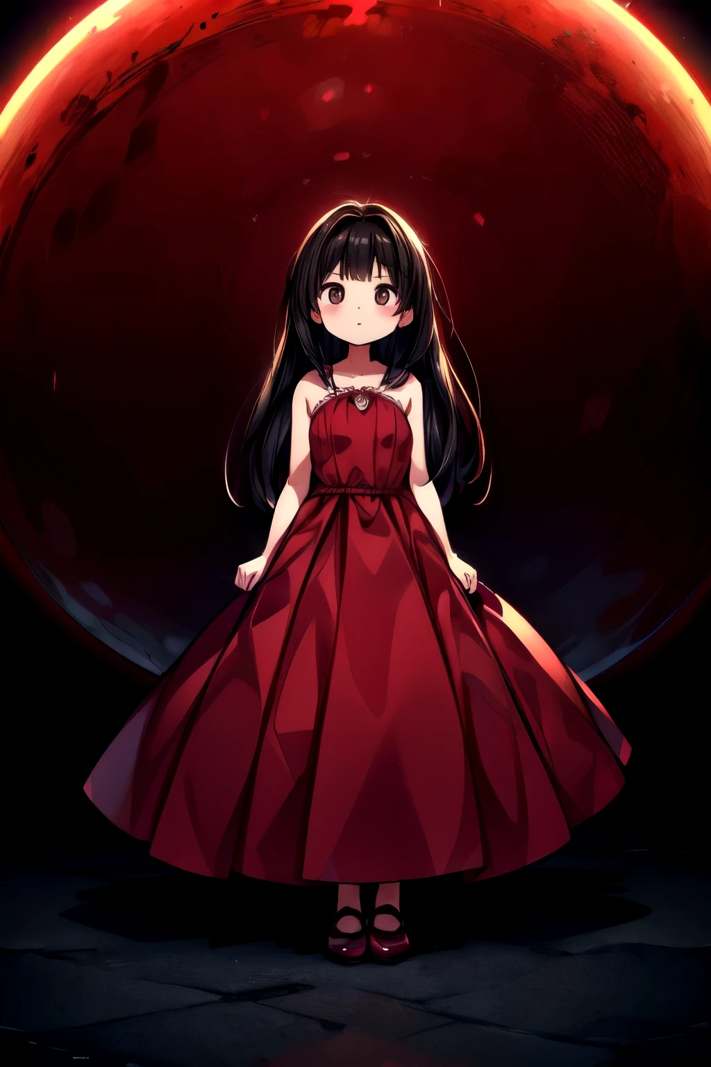 Top Quality, Masterpiece, Ultra High Definition, (Photorealistic: 1.4), Raw Photo, 1 Girl, Dark Hair, Glossy Skin, Dramatic Lighting, Full Body,, Red Dress, Colossal