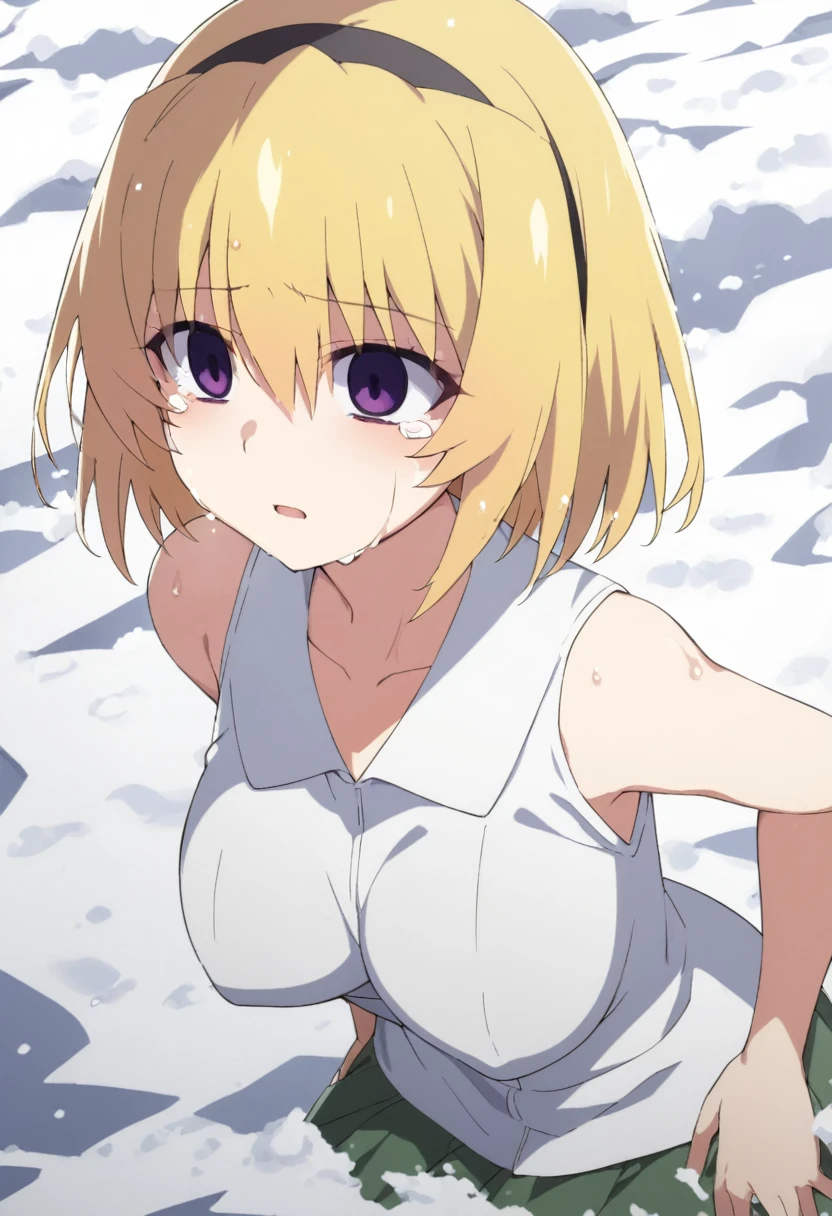 blonde hair, short hair, hairband, Purple eyes, ars old, , empty eyes , large breasts, 独奏, nipple, , , Heavy snowfall area　凍結 wet crying 山 独奏, Walking 