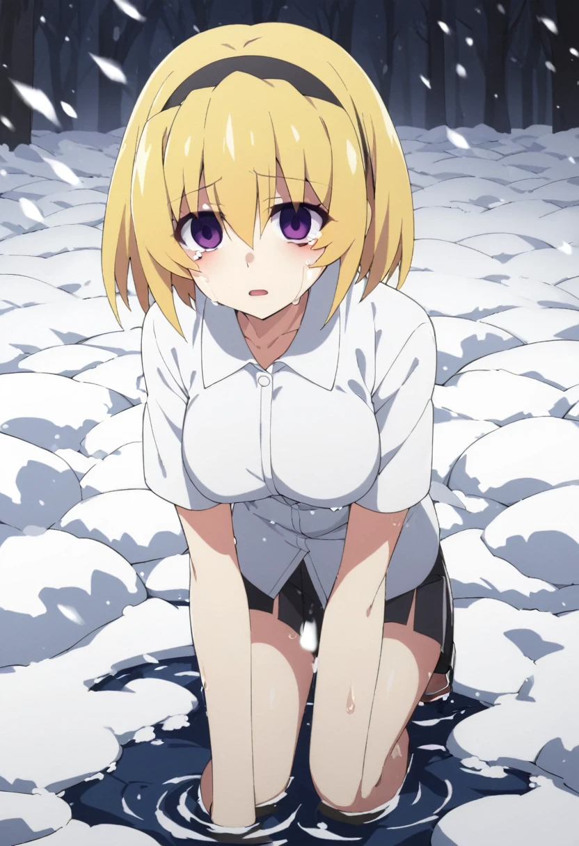 1girl,  nsfw,  houjousatoko, short hair, blonde hair, purple eyes ,hairband,  , empty eyes , large breasts, nipple, Walking, , Abandoned Hospital　frozen, wet, crying ,,  Naked, , (1girl) 