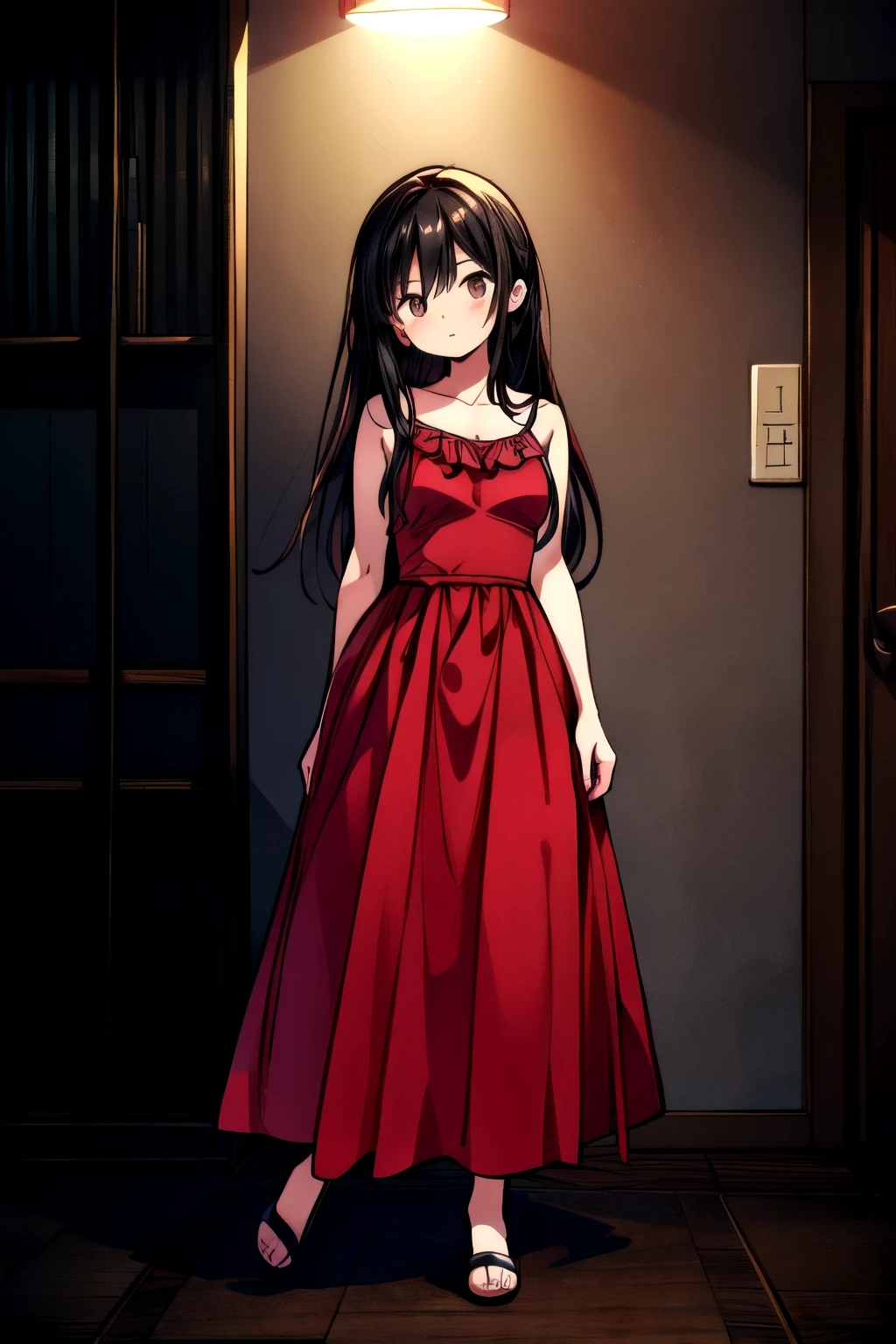 Top Quality, Masterpiece, Ultra High Definition, (Photorealistic: 1.4), Raw Photo, 1 Girl, Dark Hair, Glossy Skin, Dramatic Lighting, Full Body,, Red Dress, Colossal