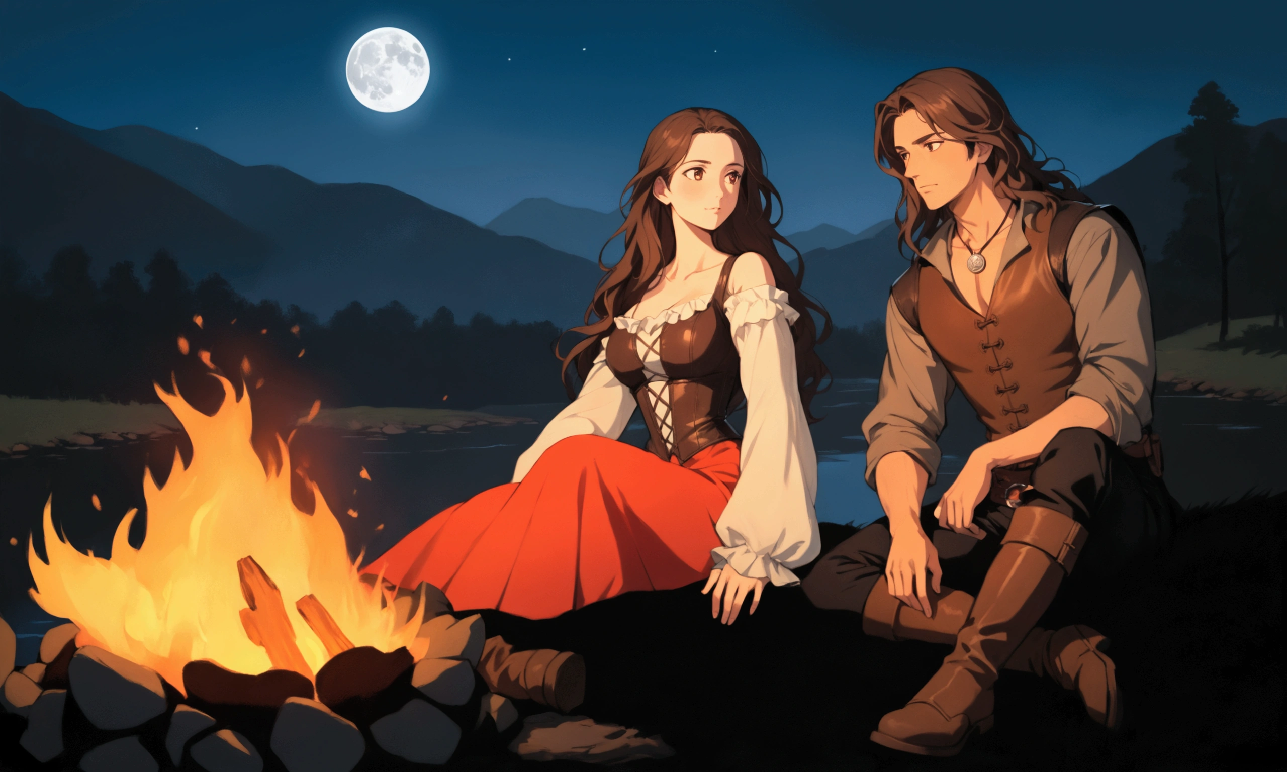 masterpiece, best quality, perfect face, anime, (expressive eyes), campfire, night scene, two people in the grass sitting by the fire staring at each other affectionably. medieval fantasy renaissance. woman on the left wearing red dress with a leather corset and long open shoulder sleeves, she have black wavy hair and brown eyes. man, manly build, on the right wearing grey shirt with a leather vest, black pants and boots, he have long wavy brown hair falling over his shoulders and brown eyes, silver medallion around his neck. campfire in front, dark silhouettes of trees, mountains and a river flowing in the background, deep blue sky replete of starts and a full moon, soft natural lighting from the fire, warm and cozy atmosphere, low angle, balanced exposure