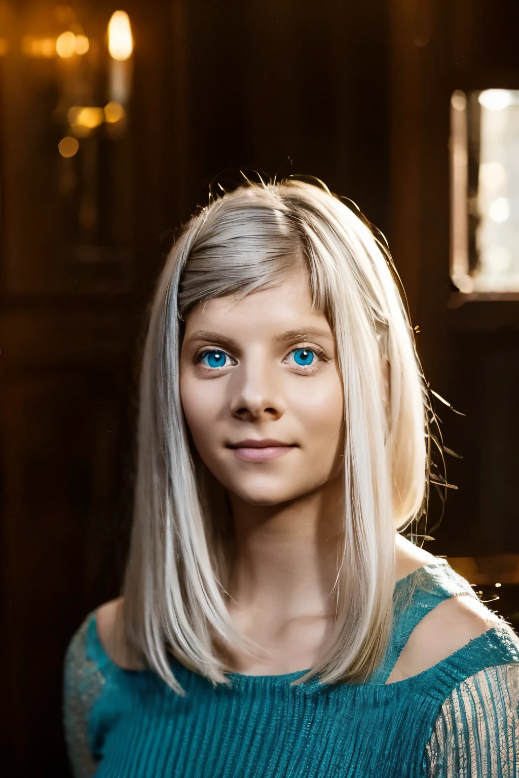 Aurora Aksnes, indoors, looking at camera, sly grin, perfect eyes, beautiful eyes, original photography, masterpiece, best quality