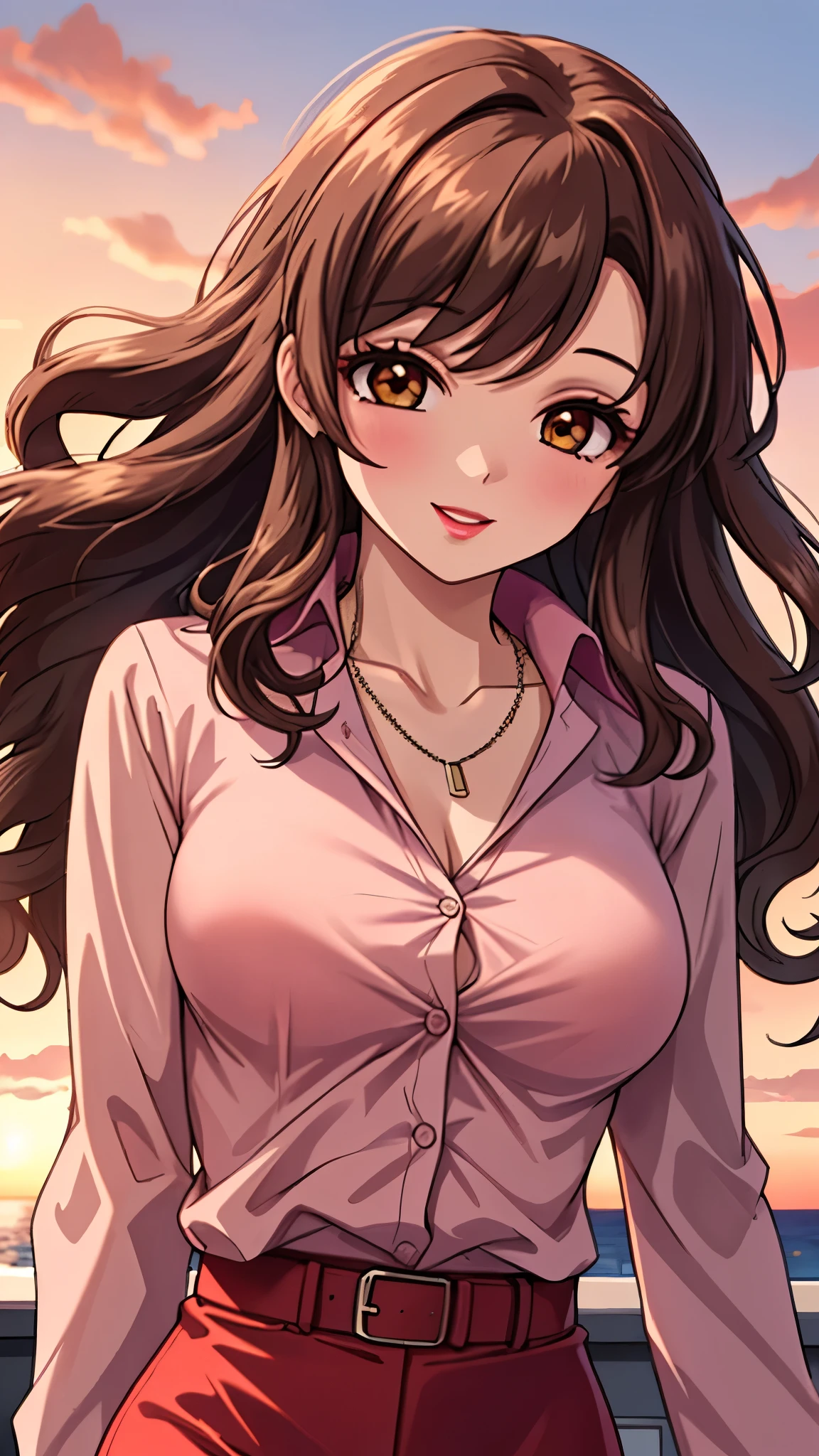 （（super high quality,））（（Ultra-high resolution,））（16K,）（super masterpiece,）（（Ultra HD ,））（Detailed shading,）Shooting from below,Upper body photo,A sexy mature woman,Wavy brown medium-long hair,Part your bangs neatly on the side,The wind lifts my hair,Thick and glossy lips,A pink shirt with a tight collar and the third button undone,Long sleeve,Red pencil skirt,necklace,Put one hand on your head,happy,Sunset rooftop,Background with sea view,