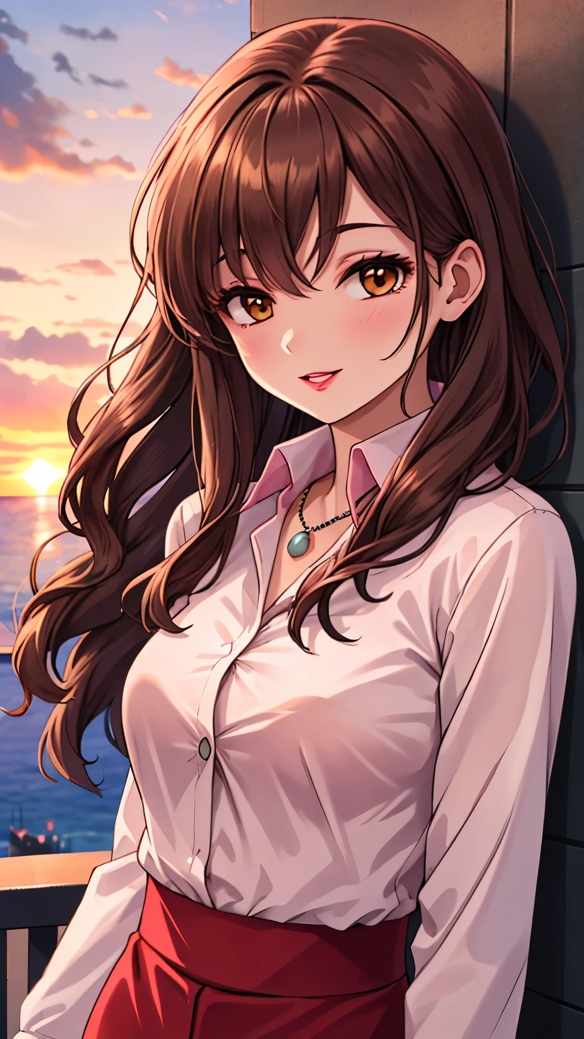 （（super high quality,））（（Ultra-high resolution,））（16K,）（super masterpiece,）（（Ultra HD ,））（Detailed shading,）Shooting from below,Upper body photo,A sexy mature woman,Wavy brown medium-long hair,Part your bangs neatly on the side,The wind lifts my hair,Thick and glossy lips,A pink shirt with a tight collar and the third button undone,Long sleeve,Red pencil skirt,necklace,Put one hand on your head,happy,Sunset rooftop,Background with sea view,