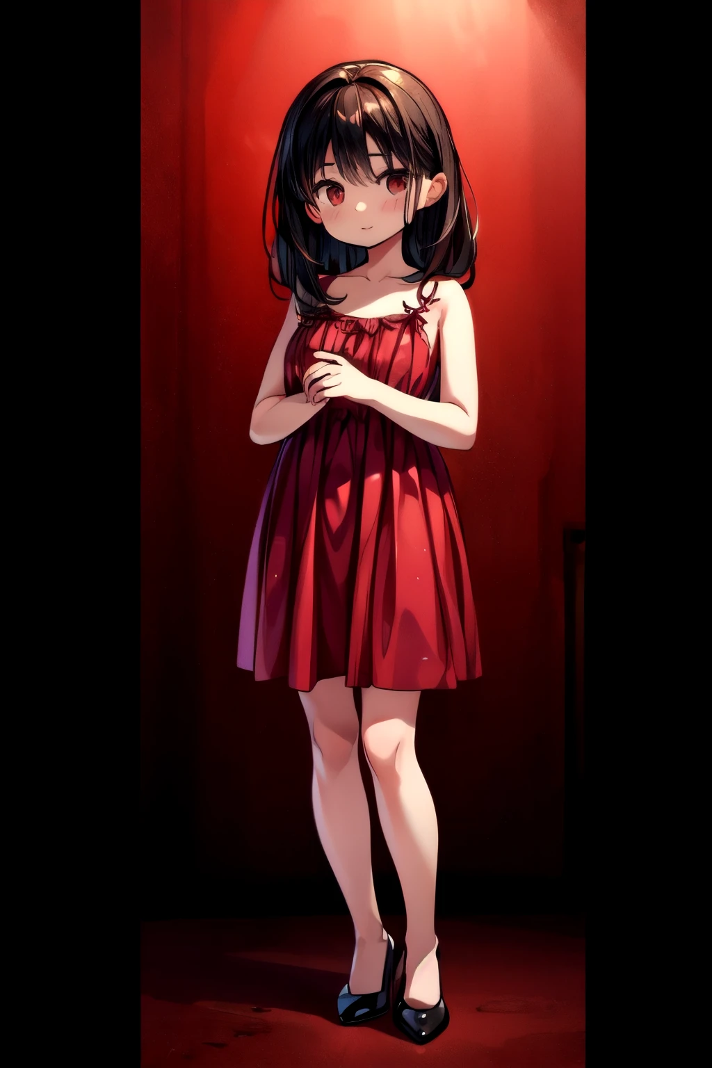 Top Quality, Masterpiece, Ultra High Definition, (Photorealistic: 1.4), Raw Photo, 1 Girl, Dark Hair, Glossy Skin, Dramatic Lighting, Full Body,, Red Dress, Colossal