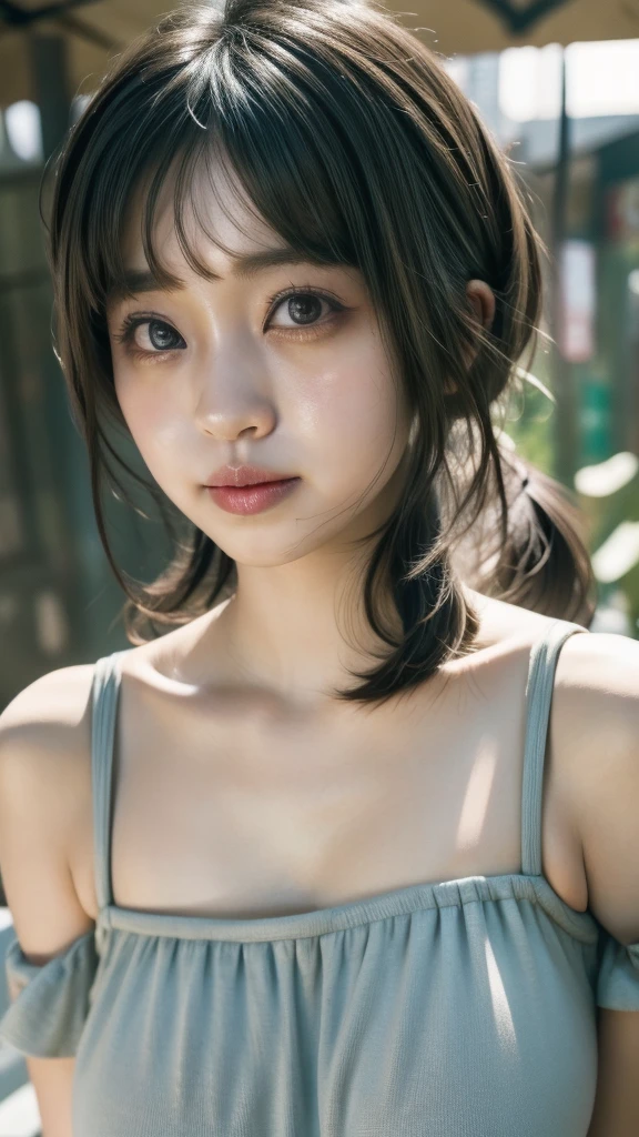 ((highest quality, 8K, Raw photo, masterpiece :1.3)), (realistic、Photoreal:1.37),ultra high resolution, (professional lighting), Highly detailed CG Unity 8K wallpaper, highest quality, Super detailed, masterpiece, realistic, photorealistic, Highly detailed cute girl, (25 years old), blush, round eyes, medium , viewer, semi body shot, Swimsuit,, (Audience seats) ,freckles,beautiful clavicle,Mole under left eye