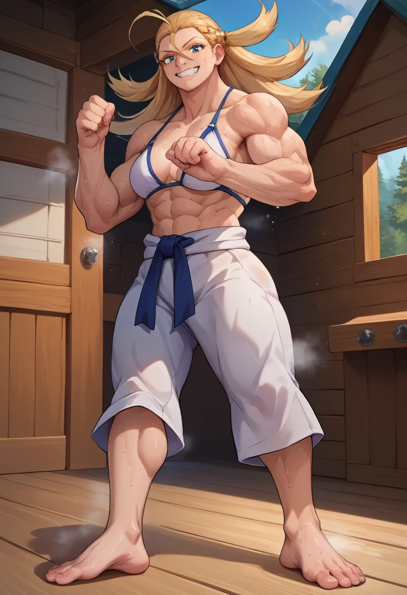 score_9, score_8_up, score_7_up, source_anime, solo, 1girl, starandstripe, muscular, smile, looking at viewer, standing, antenna hair, white Bikini,string tanga, barefoot, Full Body Image , barefoot, soles of feet visible, feet sweating and steaming, vista head on, karate fight, head on, wooden cabin background, view from below