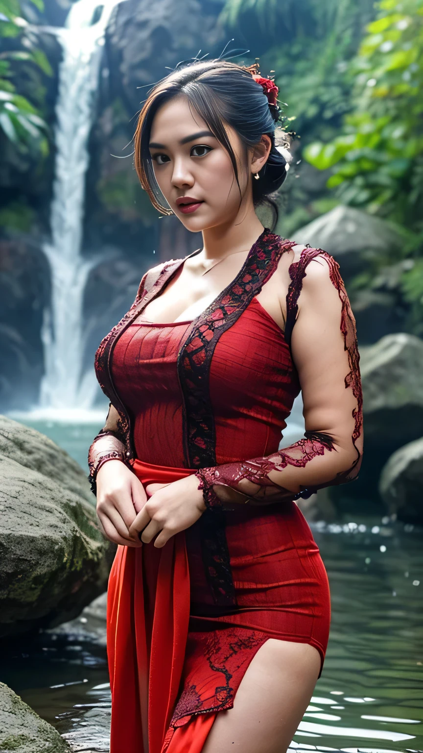 RAW, Best quality, high resolution, masterpiece: 1.3), beautiful Thai woman, Masterpiece, rain, perfect wet soaked body, wet clothes, (huge breasts:1.3), cleavage cutout, open breast, black chignon hair, open stand, realistic, dark hairy pussy, Soft smile, thick thighs, she is about 20 years old, pale white skin, wearing a sexy red kebaya short dress, ((whole body)) turning away facial at viewer, closeup, heavy mountains, misty, fog, woman standing in the waterfall