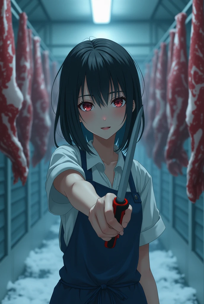Livestock killing site,red fluid,Dissected pigs,Pig hanging on a hook,a large amount of internal organs scattered on the floor,,,,,Soryu Asuka Langley,Evangelion characters、Shoulder-length rubber gloves, Rubber Apron,Dirty rubber boots,White knee-length rubber boots,Stand and look down, Small dissecting knife,Drawing from below,Stand and look down, Full body view from below,Troublesome look,