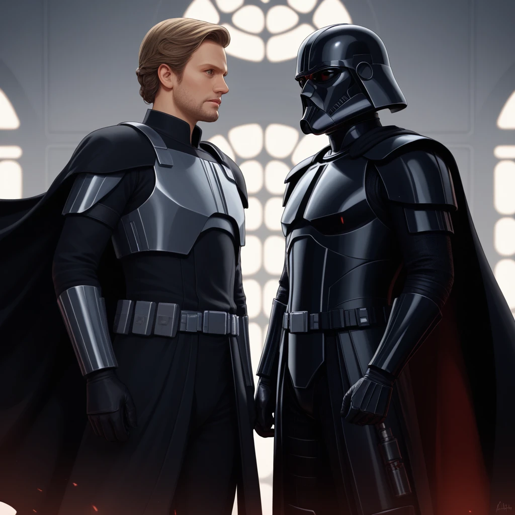 score_9,score_8_up,score_7_up,score_6_up, source_cartoon, Detailed analysis, Detailed work, best quality, 1440p clarity, Realistic lighting and shadows, PEDarthVader, arth vader helmet,(cape:1.2),armor, shoulder armor, (denim:1.2), star wars, A somber scene unfolds as Darth Vader's lifeless form is engulfed in flames, his black armor glistening in the fiery glow. The dark lord's helmet, once a symbol of power and intimidation, now lies cracked and still. Luke Skywalker, his former nemesis, stands solemnly beside the pyre, his rugged beard framing a sorrowful expression as he contemplates the end of an era.,(masterpiece:1.2), (best quality:1.2), (very aesthetic:1.2), (detailed background), intricate details, ,Perfect Hands, 