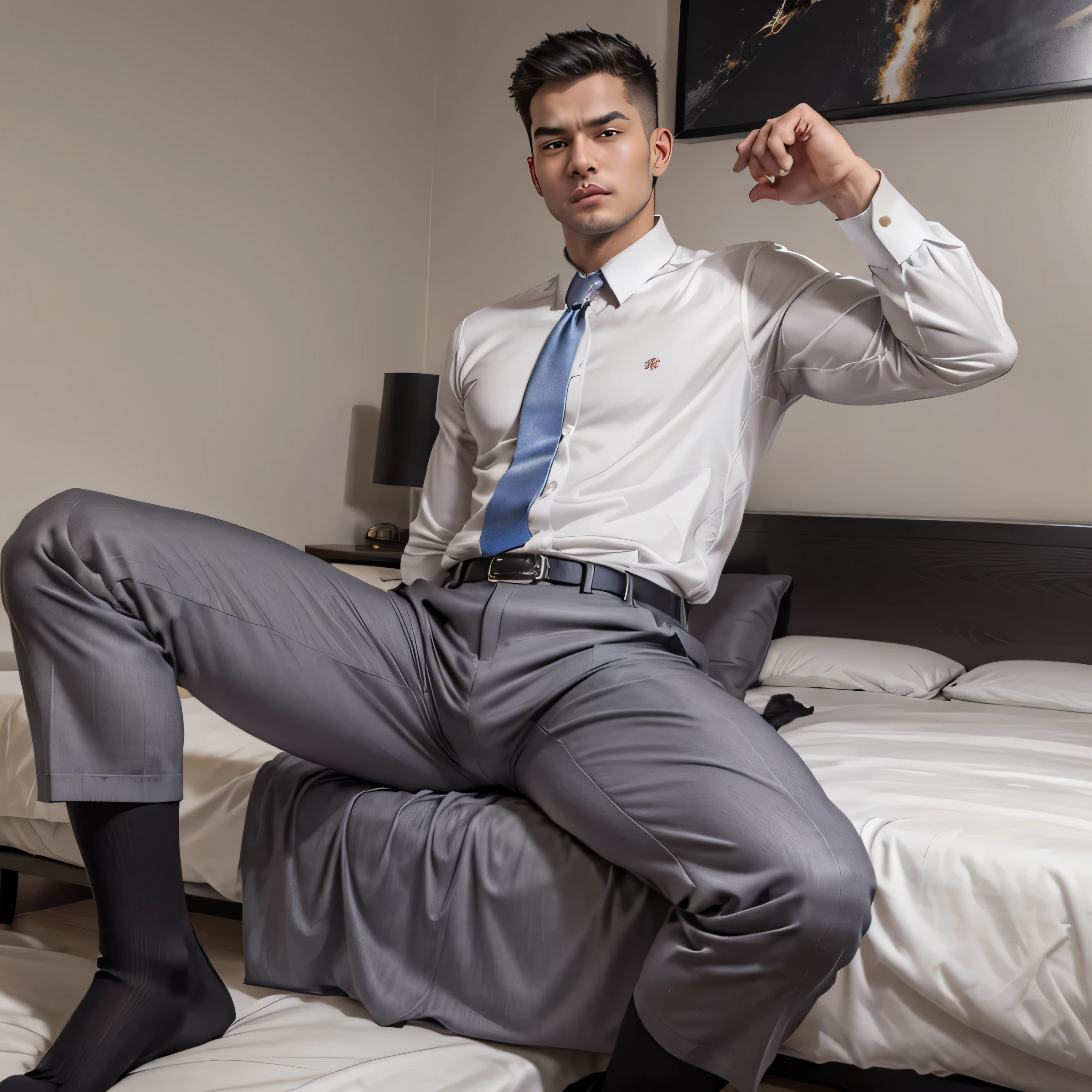 Age 27,One Man,Gray suit pants,Hermes Belt、White shirt、Salaryman、Bedroom、bed、。Spread your legs、,,logic, ,Very short hair、,Stubble,　,Asian Faces,、　Black socks　Menacing look