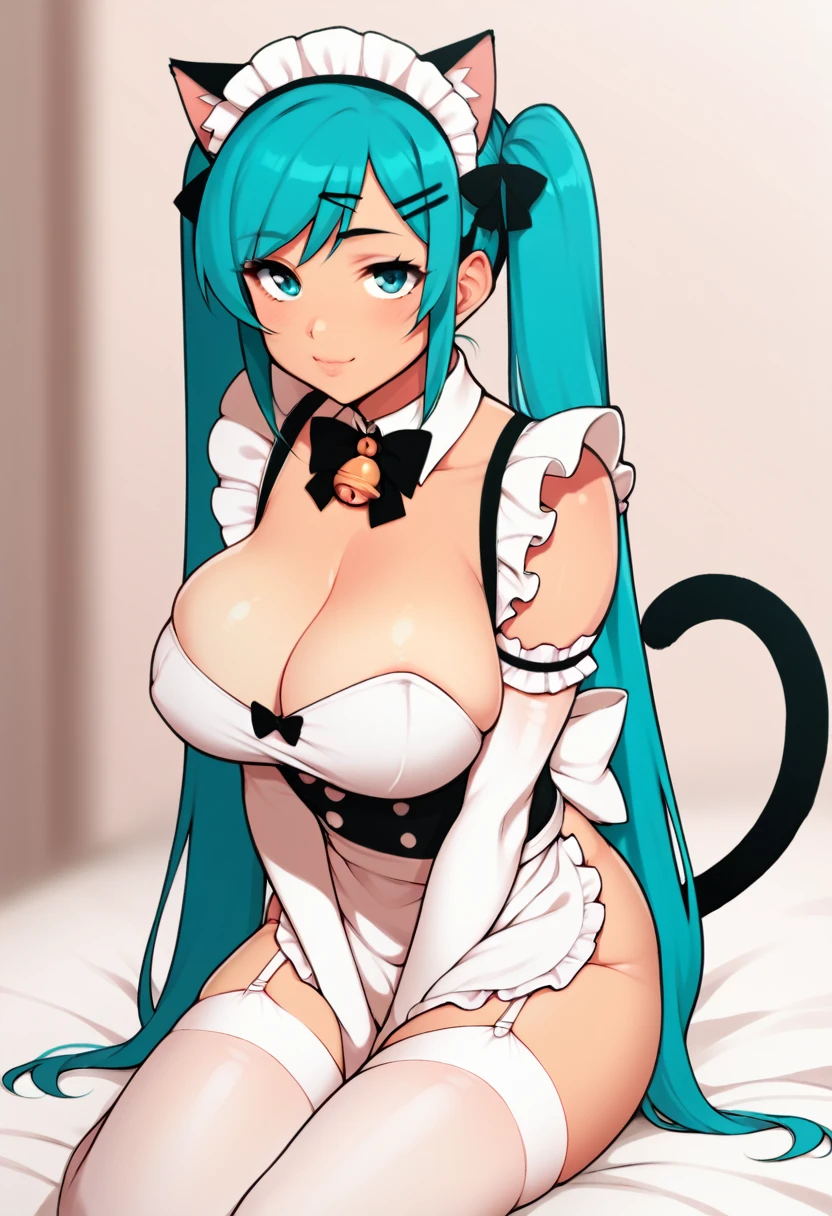 score_9, score_8_up, score_7_up, BREAK, 1girl, solo, breasts, looking at viewer,  jeloprivatymaid, twintails, aqua hair, maid headdress, cat tail, large breasts, cat ears, hair bow, hair ribbon, hairclip, detached collar, bow, neck bell, maid apron, garter straps, white thighhighs, white gloves, elbow gloves