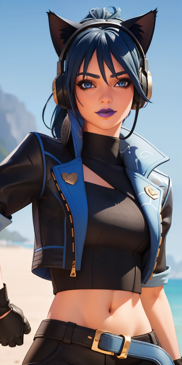 Beach background, Realistic, HeroicHopeFN, 1girl,blue hair,blue eyes, eyeshadow,upper body,(speed lines:1.1),medium breasts, love, heart, gold hearts, black jacket, jacket crop top, cat ears headphones, fake cat ears,black crop top, black pants, blue belt, gloves, black gloves, holster, holster spray cans, navel, purple lips, lipsticks, happy, looking at viewer, facing viewer