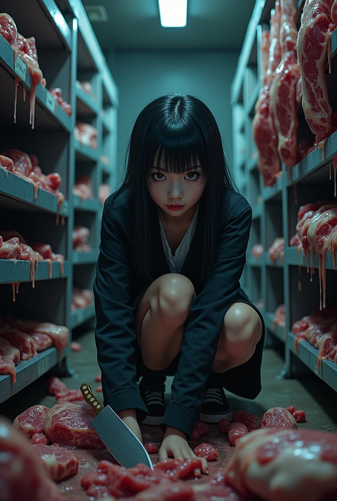 nsfw, vagina, Nude, short hair, twintails, Crouching,Knife、Decapitated、Blood from the neck、Blood from the mouth、nosebleed、Ahegao、Hair being grabbed、Eyes wide open、Small breasts、Flowing Blood、Falling underwear、Angry eyebrows