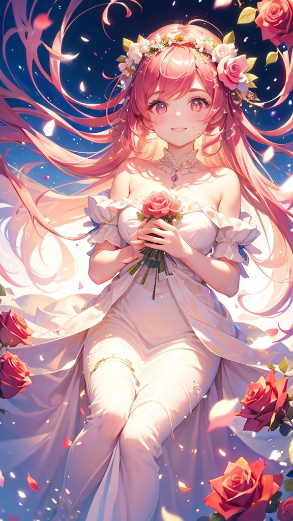 ((The big moon is in the background, petals,She holds the flower in both hands.)),pink hair, hair over shoulder, parted bangs, jewelry, flower on head, mismatched pupils, aqua eyes, heart earrings, light smile, closed mouth, cinematic lighting, UHD, textured skin, high details, best quality, highres, 4K, 8k