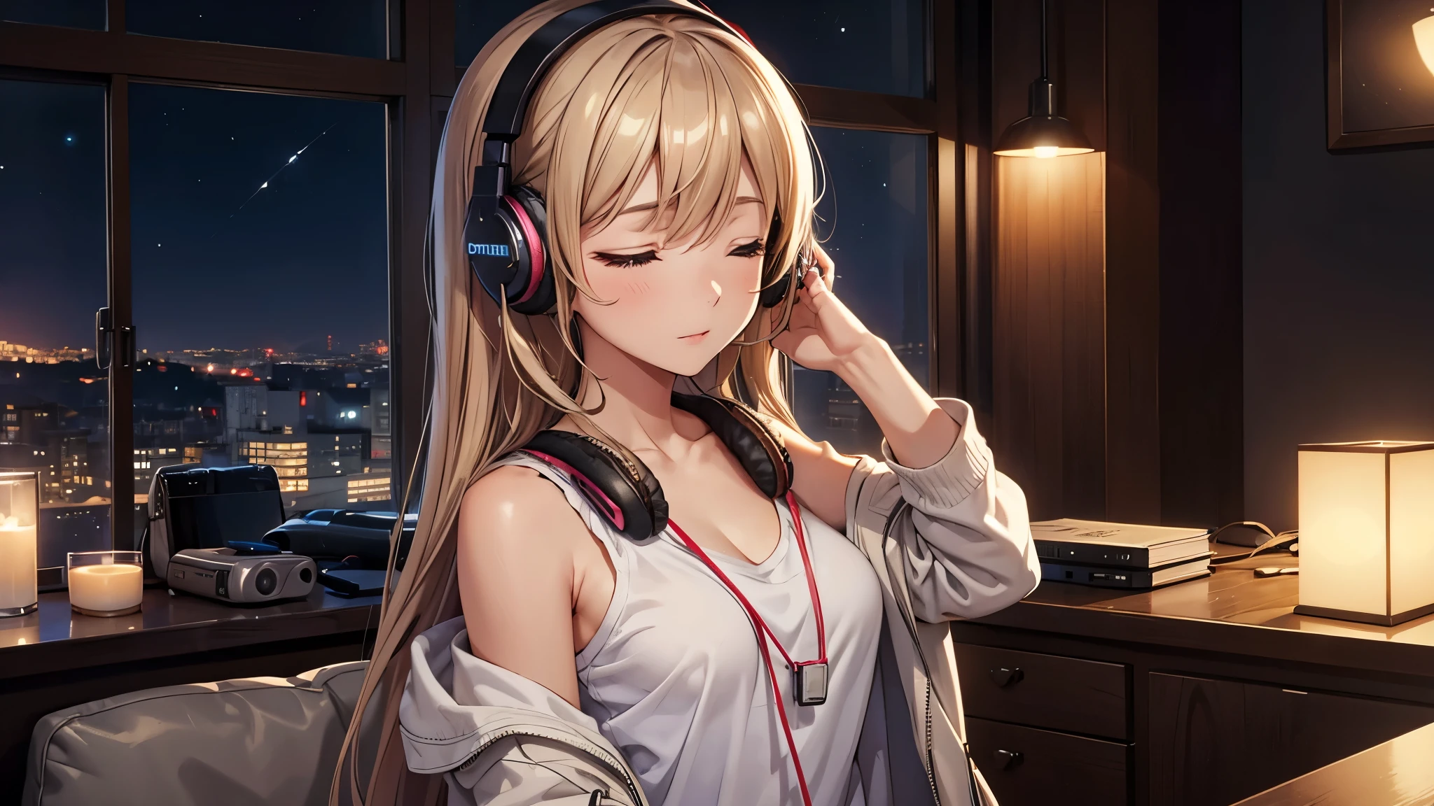 Girl with headphones enjoying music in a home I am studying Emphasize a little bit of the big chest Look this way and close your eyes. Night Background