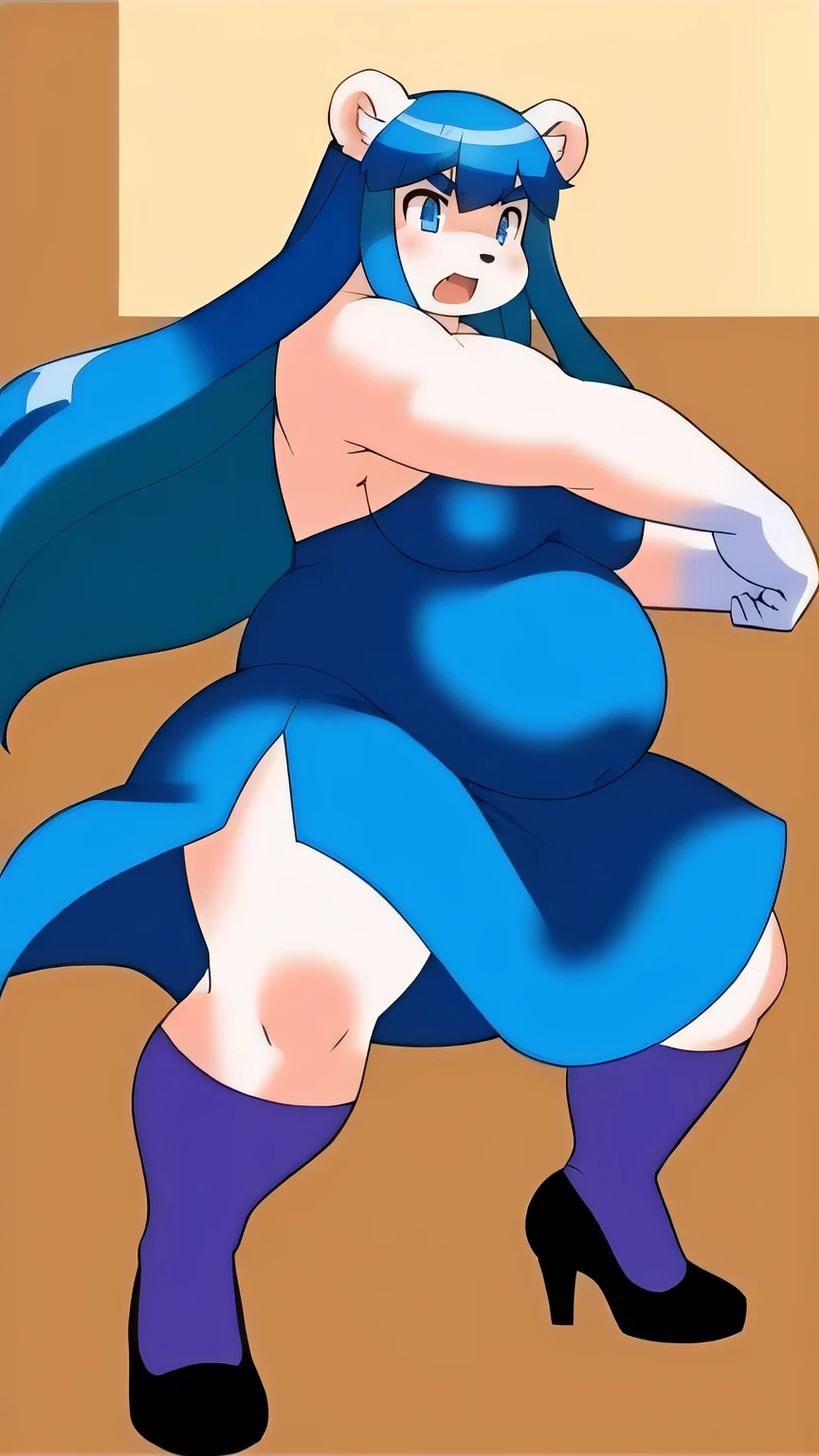 ((Anime:2.0) illustration of a , Femboy,(1boy, Solo), ((High quality,high Aesthetic, Masterpiece:2.0)), ((well drawn face:2.0)), ((anatomically accurate body)),(( beautiful )) ((Tan Skin:1.4)), ((long Black hair in a Bob Cut )), ((black Jackal Ears and Fluffy tail)) , blue Eyeliner, ((Egyptian aesthetics)),Wearing White Crop top,((Blue and gold Usekh)) , ((Blue Harem pants, Black Dog paw for feet , (( Morbidly obese:1.3)), ((Thick thighs:1.4)), ((Huge butt:1.5) ,(( Hyper hips:1.4)), ((Large Belly:1.5)), Buttons Popping , Expression: Grumpy, Serious , Bored ,Pose: Looking down at Viewer, ((Background: on a Golden Throne Surrounded by Sweets again food.))