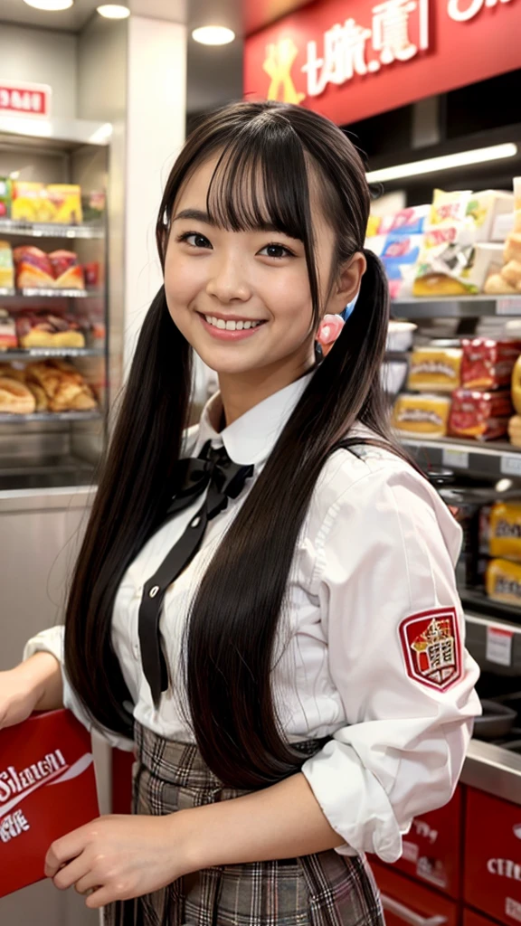 (best quality, masterpiece, 8K), big smile, in hamburger shop, clerk, tartan check uniform, {{{{giant chest}}}}, {{{long twintails hair}}}, {{{japanese girl}}}, round face, detailed face, {sunny}, black hair, , slim waist, btpt-fc, 