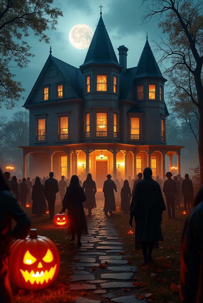 (photorealism:1.2), halloween party in a house on a scary eveningb of Hallowe