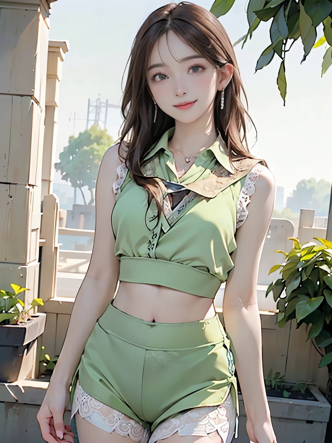 (cavalos:1.3), shorter pants, Cowboy shot, 1girll, Blonde hair, Long hair, Green eyes, Solo, ahoge,midriff, Boots, Smile, navel,belt, cleavage, Break,