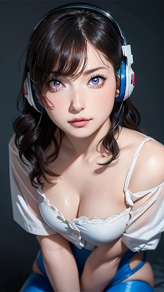 ((Beautiful Face:1.2)),((realistic:1.4)),masterpiece, Highest quality, High resolution, One girl, Super High resolution, alone, Mecha Pilot, is.and, Headphones, Pink Eyes, Blue tights, Brown Hair, White gloves, Cat face decoration,