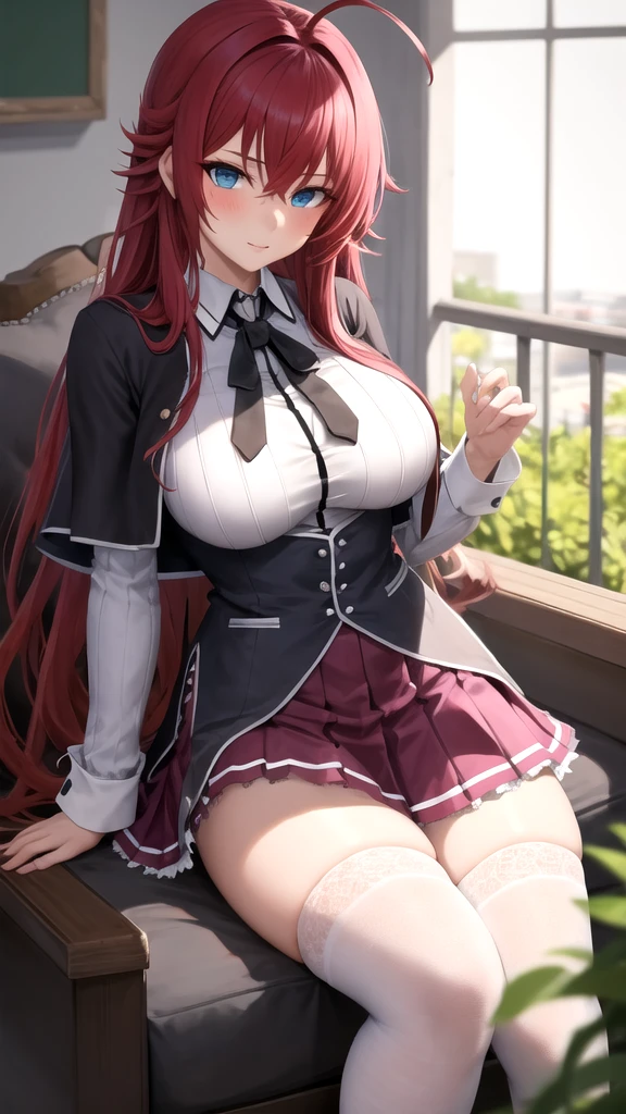 Mejor calidad, obra maestra, detallado,
riasgremory,
1 chica, boca cerrada, sonrisa, rubor,
cabello rojo, pelo largo, blue eyes, ahogo,
, camisa de rayas, cinta para el cuello, lazo negro, black corset, falda morada, pechos enormes,
de pie, mirando al espectador,
adentro, castillo