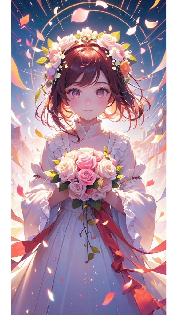 8k,highest quality,masterpiece,(((Pixel Perfect, Perfect in every detail))), alone, 1 girl, ,Mycotrose, Brown eyes,Brown Hair,short hair,Open your mouth,smile,blush,Flower Hair Ornaments,Veil,Wedding dress,Wedding Skirts,holding a bouquet with both hands,Flower Storm, break outdoors, Chapel,Association, break lookでg at viewer, Completely,(Cowboy Shot:1. 5) , break (masterpiece:1.2), highest quality, High resolution, unity 8k wallpaper, (shape:0.8), (Beautiful details:1.6), Highly detailed face, Perfect lightでg, Highly detailed CG, (Perfect hands, Perfect Anatomy),