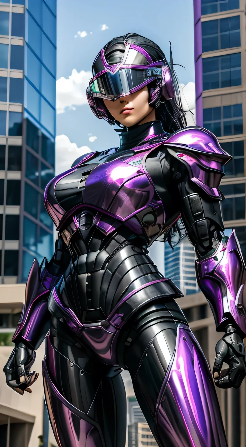Female Robocop Solo、Bright outdoors、strong light source、8k, high quality, masterpiece, 最high quality, Crisp contrast、Very detailed、full body armor、Very large armor、Helmet covering the head、Clear photos、The eyes are pale, Translucent Straight Goggles.:1.3、The lower half of the face is raw々Shii:1.5、The lower half of the face is exposed、Seductive lips、Purple metallic armor、black accent color、Armor that completely covers the chest、length, Thin legs、Vibrant Posello Body View,Big and ample breasts:1.8, (Sports Body:1.5)、Five Fingers、Hold a gun、In the city