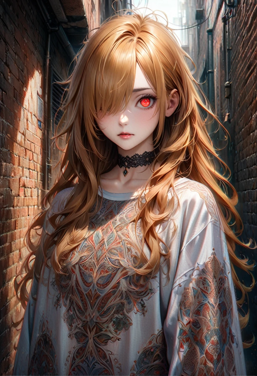 Ultra-realistic 8K CG, artwork, ((Ultra-detailed backgrounds, Delicate pattern, Intricate details)), Better Quality, Intricate detailss, chromatic aberration, 1 girl, Long Hair, Golden Hair, Messy Hair, Red Highlights, Hair above one eye, Sharp eyes, choker, Brick wall, graphite, poorly lit, alley, Big shirt,Take it off your shoulder, White shirt shows through, artwork, Better Quality, whole body, whole body画像