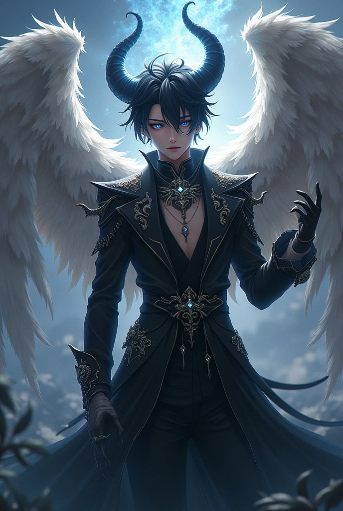 8k, complex, elegant, highly detailed, majestic, digital photography, surrealist painting, beating magic, flaming hellscape, (masterpiece, side light, fine beautiful eyes: 1.2), HDR, (glowing eyes), naked upper body, glowing demonic tattoo, black hair, muscles, dark skin, demon horns, flaming crown, handsome, facing the camera, full body, floating, masculine, masterpiece, angel wings.