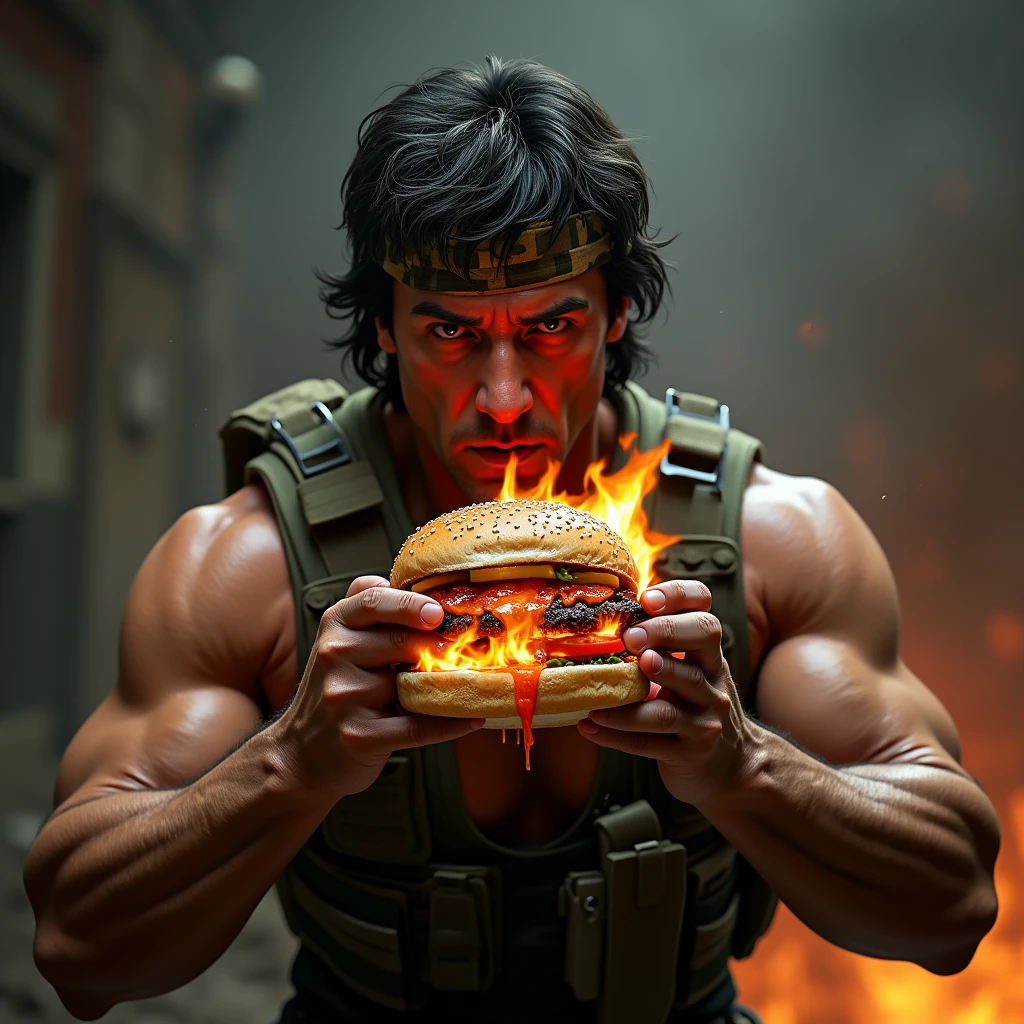 Rambo eating a Super Spicy Taco at a food stall in the side streets of San Francisco, with a focus on photorealism, vibrant colors, dramatic lighting, and a cinematic scene.