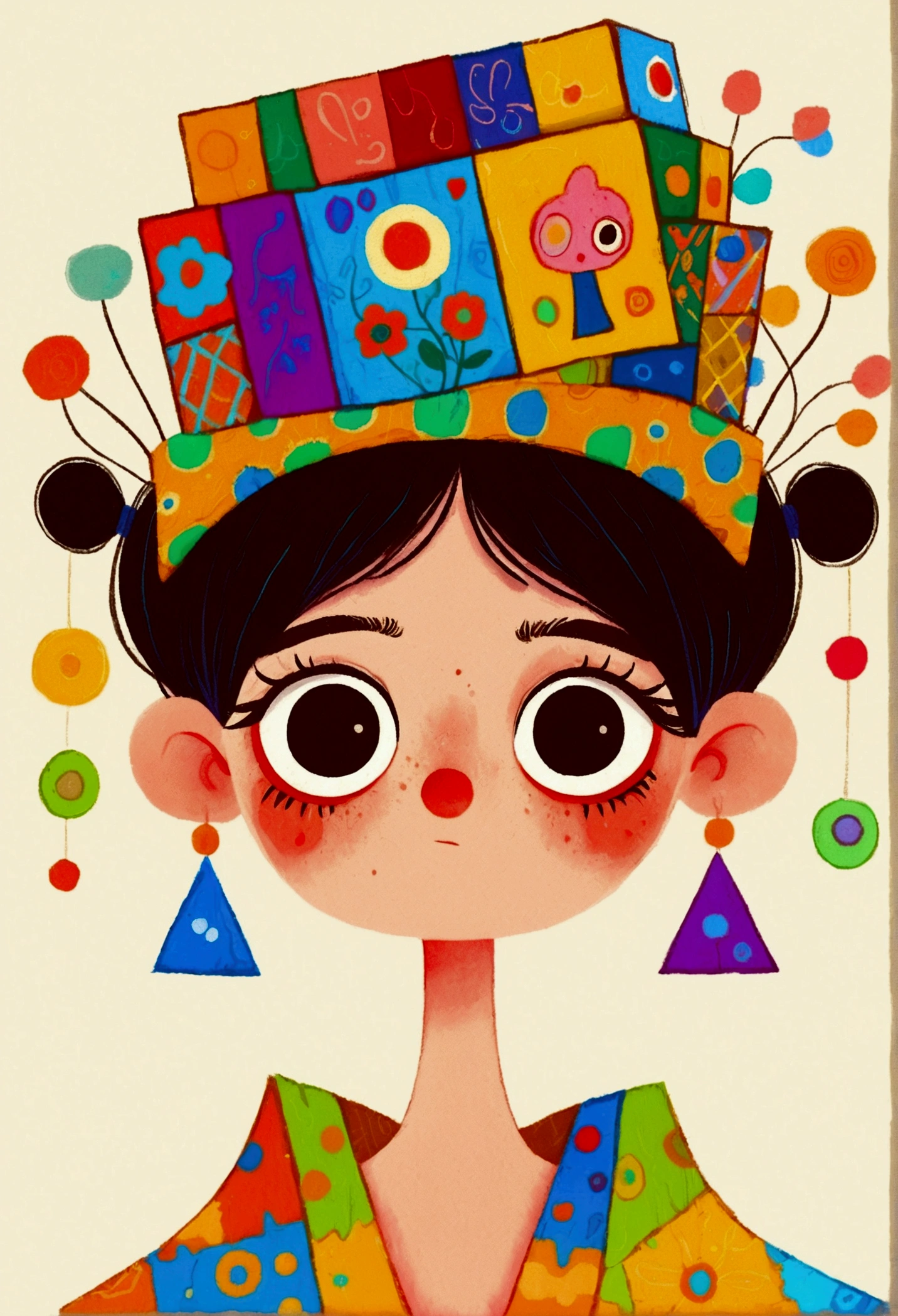 cartoon of a woman with a big box on her head, inspired by Tim Biskup, colorful illustration, colorful! character design, by Sam Havadtoy, colored illustration, by André Castro, character with a hat, colorfull illustration, by Pedro Pedraja, by Francis Souza, portrait of a patchwork boy, portrait of a small character, comic character