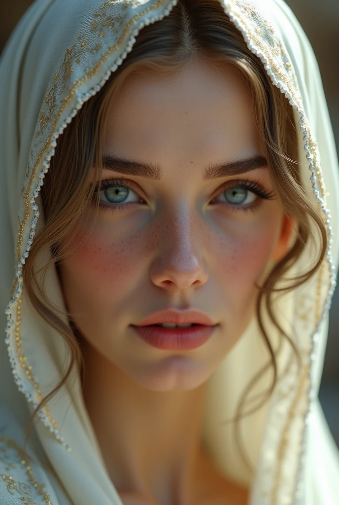 (photorealism:1.2), beautiful virgin Mary, big face and facing the front view, the elegant looks more gorgeous, big face image only,