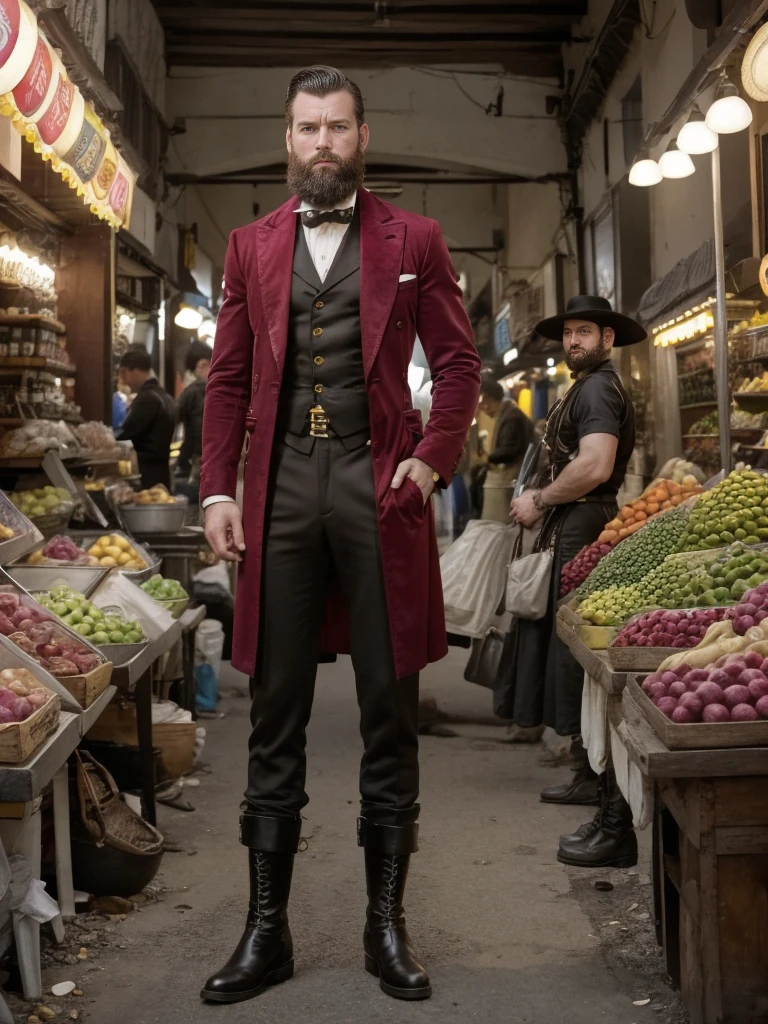 a white man, muscular, 3, with a defined beard, poses in the middle of a bustling market from an unknown era, where elements from different times are mixed. Wear a stylish yet quirky outfit: a long maroon velvet jacket, classic cut trousers and high leather boots. Around him, Exotic fruit stands are seen, ancient artifacts, and people wearing costumes from different eras, from tunics to futuristic outfits. The lighting is warm, coming from torches and lights suspended in the air, creating a contrast with its modern and sophisticated appearance. the camera, in a high foreground, focuses on his broad torso and determined expression, capturing details of her clothing, while behind him different historical styles mix in a chaotic and vibrant environment.