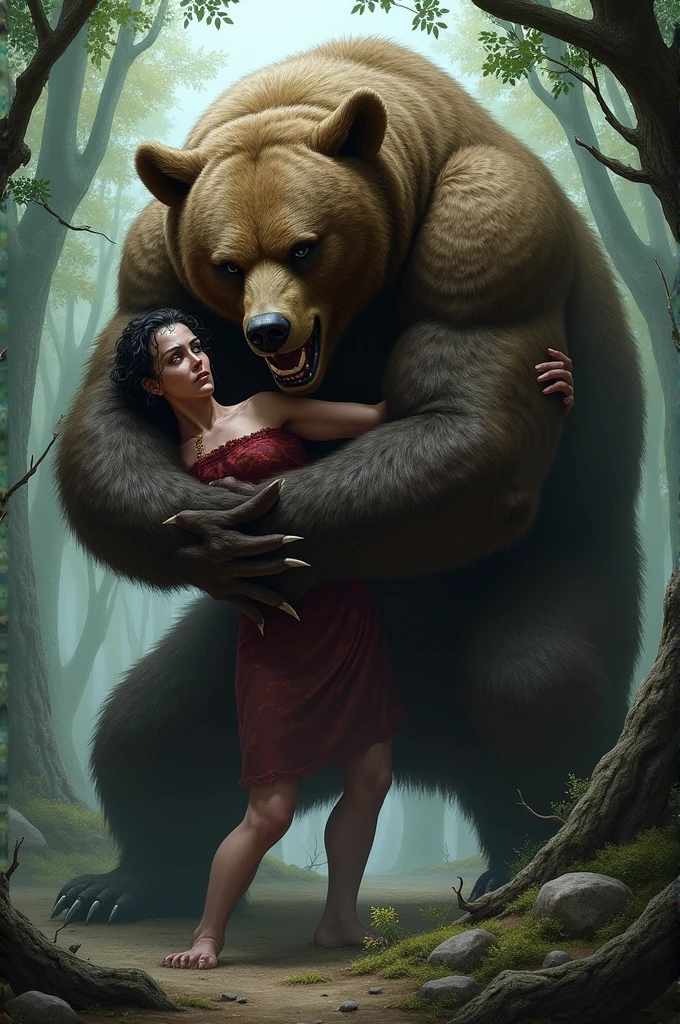 male anthro bear and female human, interspecies, forest, romantic expression, night, muscular, detailed, cowgirl position sex, human top, vaginal penetration, digitigrade, concept art
