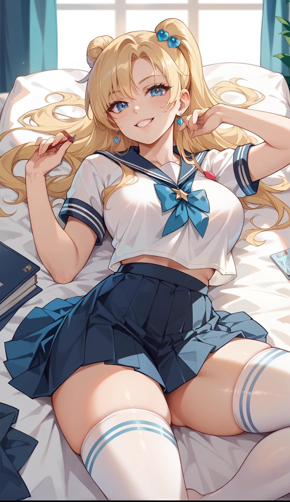 breathtaking 1girl, (sailor senshi uniform), lying on a bed, sexy smile, award-winning, professional, highly detailed, blonde hair, thigh highs, nsfw