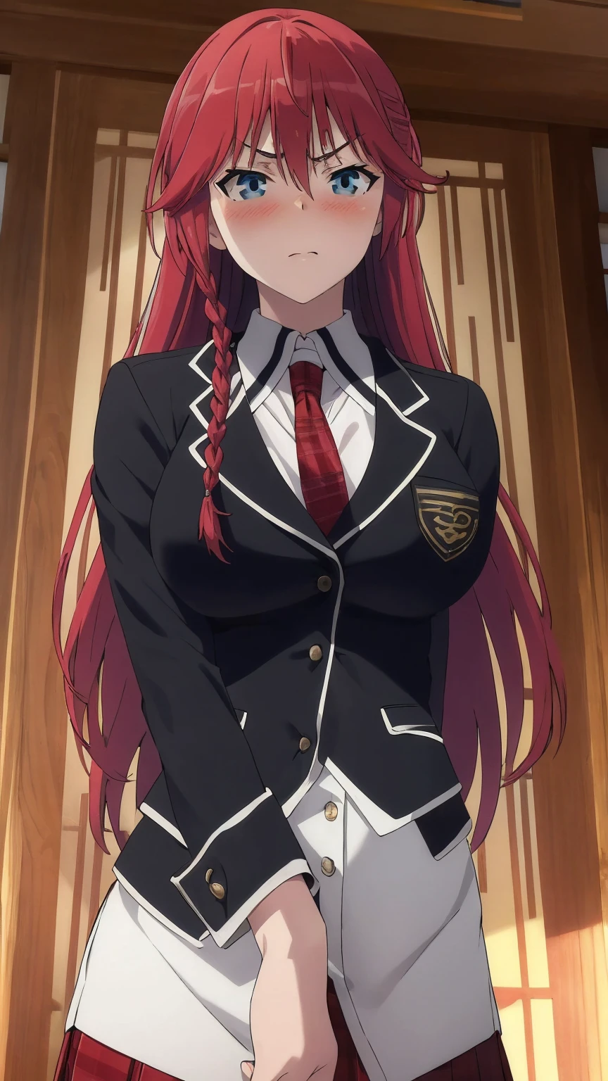 masterpiece, (best quality), 1woman,1girl ,lilith_asami,    long hair, red hair,   blue eyes , braid, side braid, school uniform, shirt, skirt, jacket, necktie,     large breasts,,sexy woman,  adult, blush,angry, pov ,vibrant colors ,,natural lighting  ,RTX,  beautiful, (detailed face:1.2), showcase, (perfect eyes:1.1) ,(photorealistic:1.1), 8k uhd,  looking at viewer,   outdoors,  simple backround,(beautiful_face:1.5),(perfect hands, perfect anatomy),