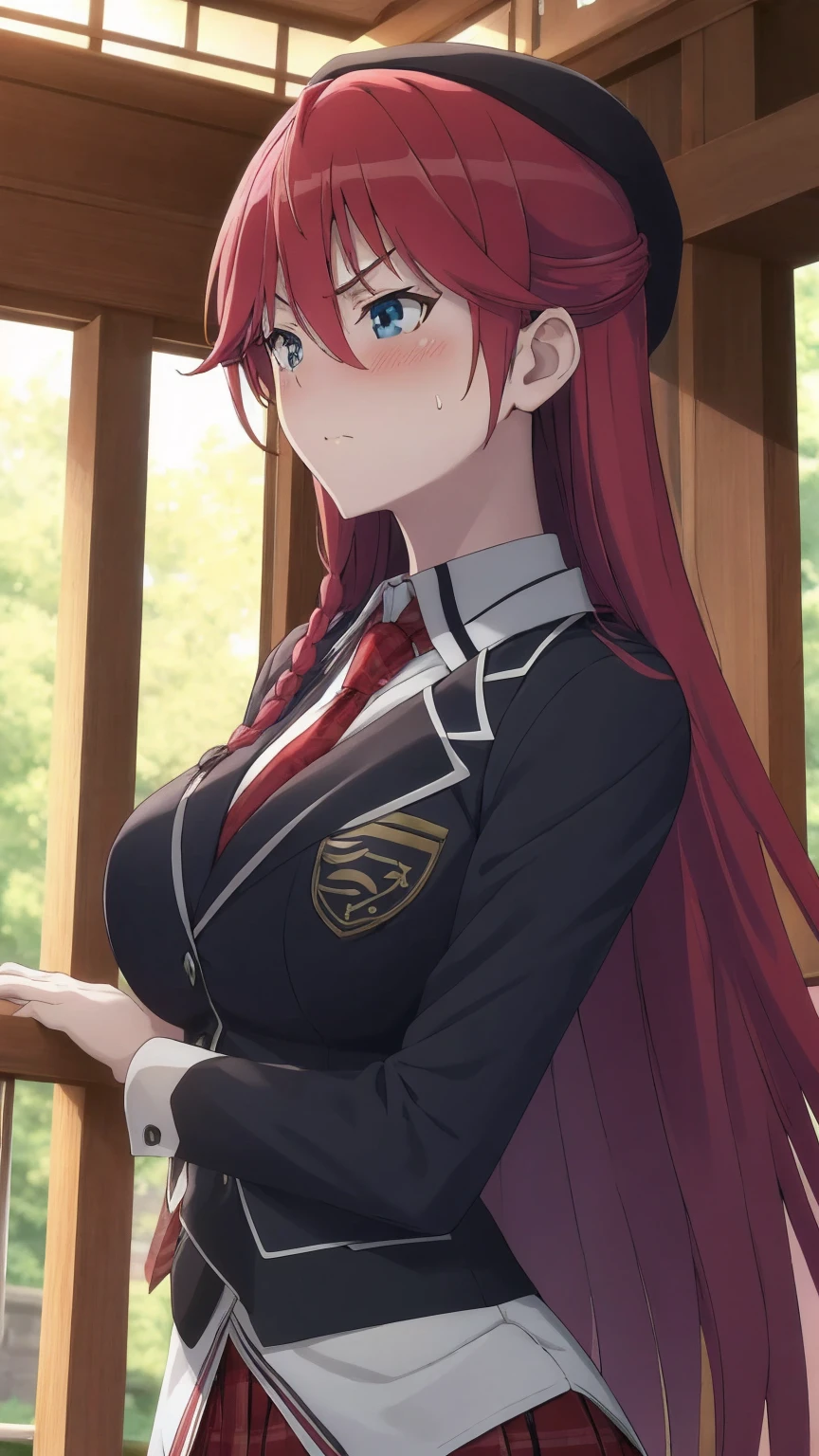 masterpiece, (best quality), 1woman,1girl ,lilith_asami,    long hair, red hair,   blue eyes , braid, side braid, school uniform, shirt, skirt, jacket, necktie,     large breasts,,sexy woman,  adult, blush,angry, pov ,vibrant colors ,,natural lighting  ,RTX,  beautiful, (detailed face:1.2), showcase, (perfect eyes:1.1) ,(photorealistic:1.1), 8k uhd,  looking at viewer,   outdoors,  simple backround,(beautiful_face:1.5),(perfect hands, perfect anatomy),