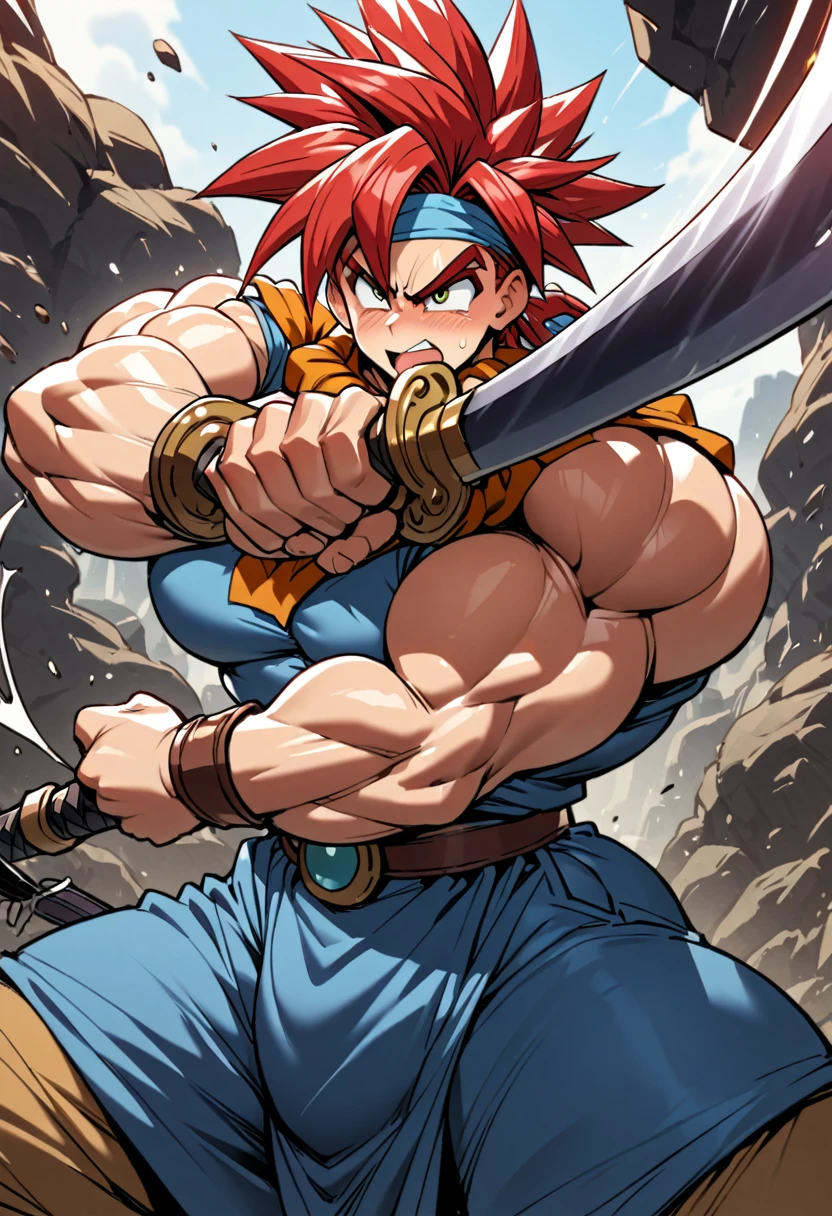 Highest quality,Muscular,Very huge erect penis,Full Color,Massive ,Confident expression,crono from chrono trigger,Red hair,((( boy))),Swinging a sword,