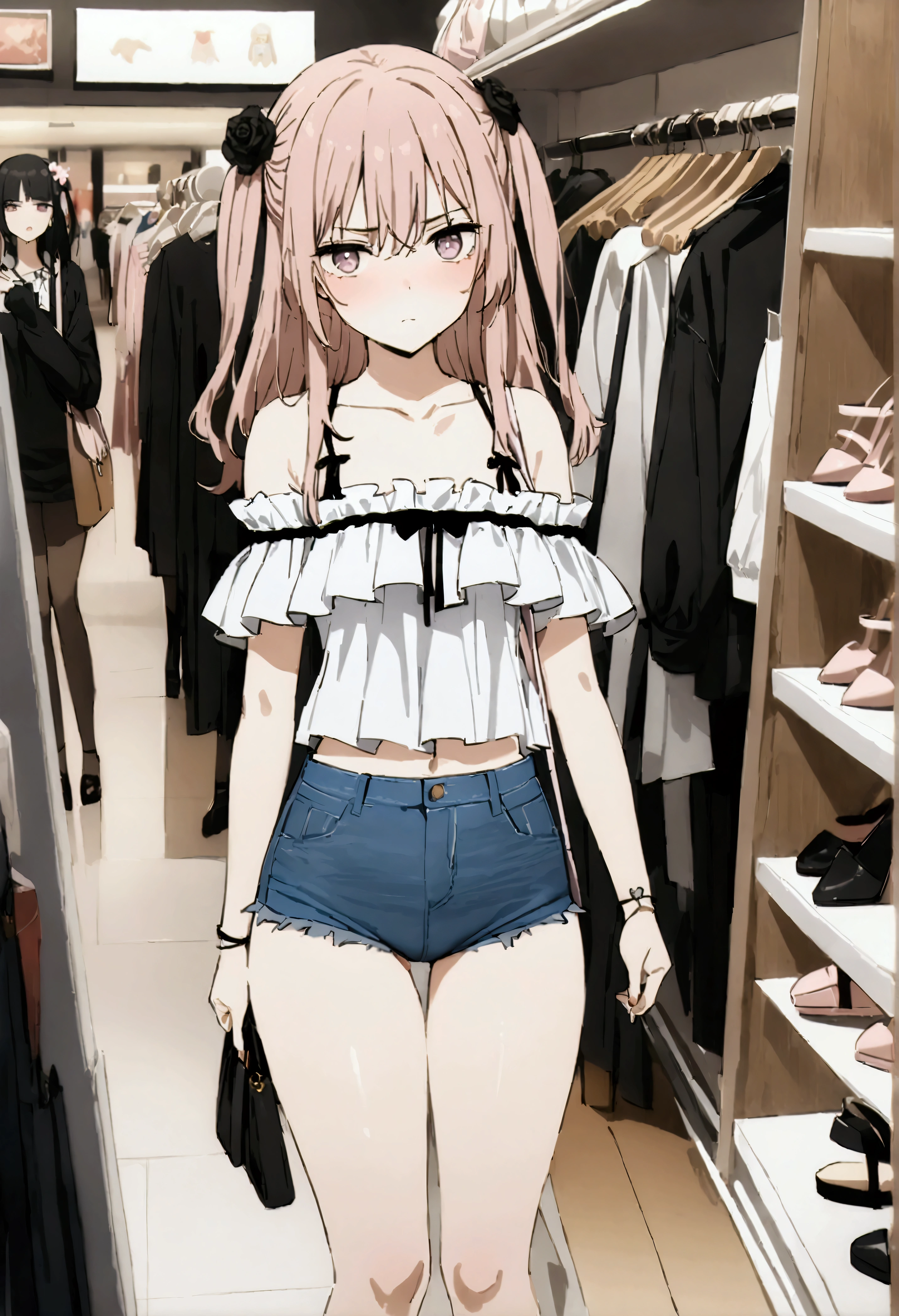 NSFW,masterpiece,Highest quality,High resolution,Very detailed,Dried gauze leaves\(The Doll Falls in Love),Pink Hair、Long Hair、Lavender eyes,Two Side Up、Hair Flowers、Black Rose,Frilled shirt,Off the shoulder,Denim shorts,High-leg denim,Heeled Sandals,Shoulder bag,Shopping mall,Lingerie Shop,Underwear section,Serious face