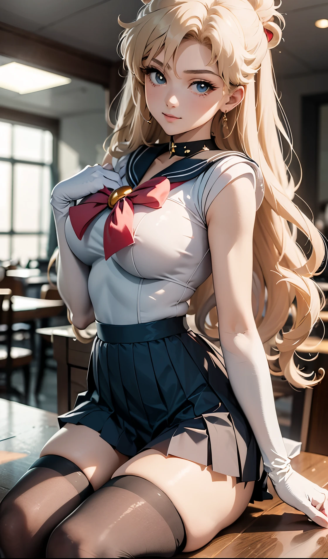 breathtaking 1girl, (sailor senshi uniform), sitting on a table, award-winning, winking sexy, professional, highly detailed, blonde hair, thigh highs, nsfw