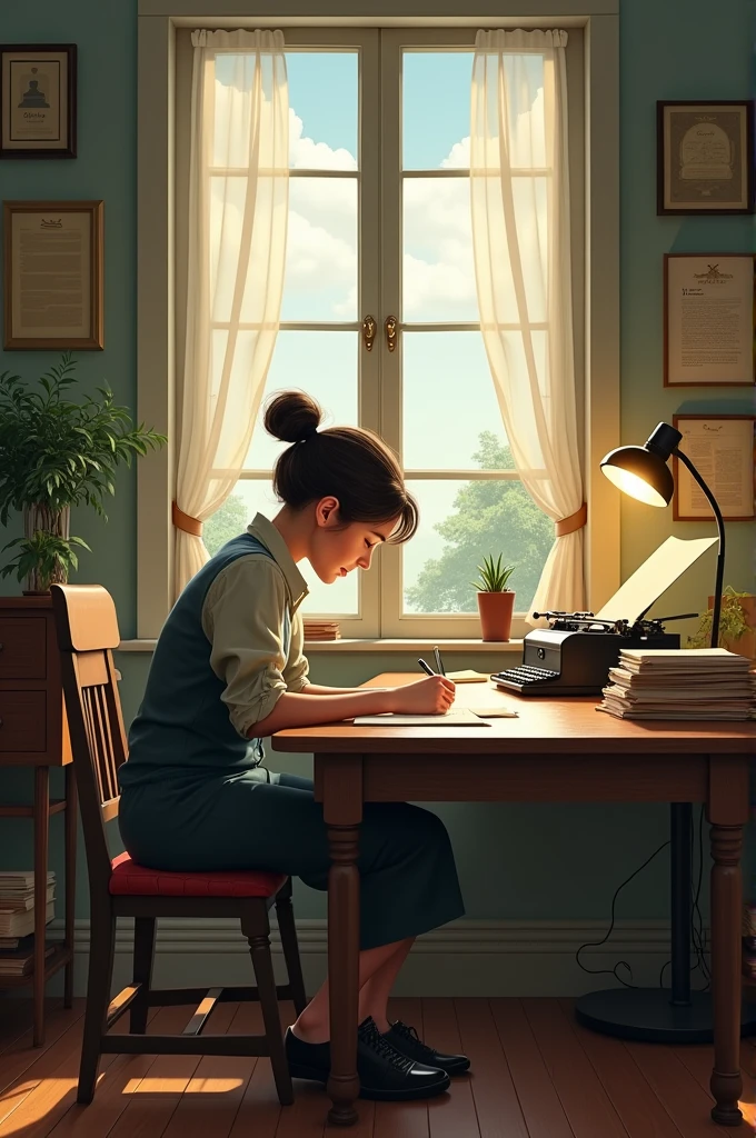 girl studying in her room near the window, girl wearing headphones, girl looking at books, rain on window, lampshade on, hot lighting, HD, 8k, high quality, (raw work), studio ghibli, ghibli studio, ghibli, anime, girl with brown hair, brown hair, books, notebooks, pencils, study table, table, cushions, a black cat, cat, black cat, window