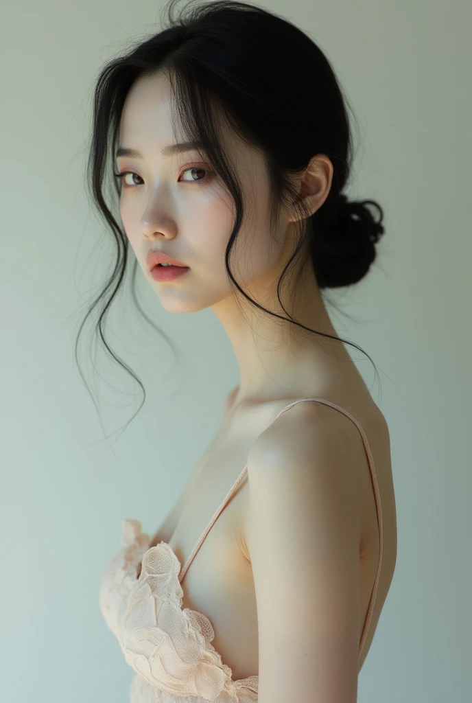 ((Highest quality, 8K, masterpiece: 1.3)), 1 Girl, Stunningly beautiful Japanese woman with exquisitely sculpted abs: 1.3, Wearing a pristine white bra top and matching underwear, intimately captured in an intimate indoor setting: 1.2, Detailed facial features accentuate her deep-set black eyes adorned with graceful double eyelids: 1.3, The sensual play of light and shadow highlights every curve and contour of her flawless complexion, evoking a sense of pure serenity: 1.1.