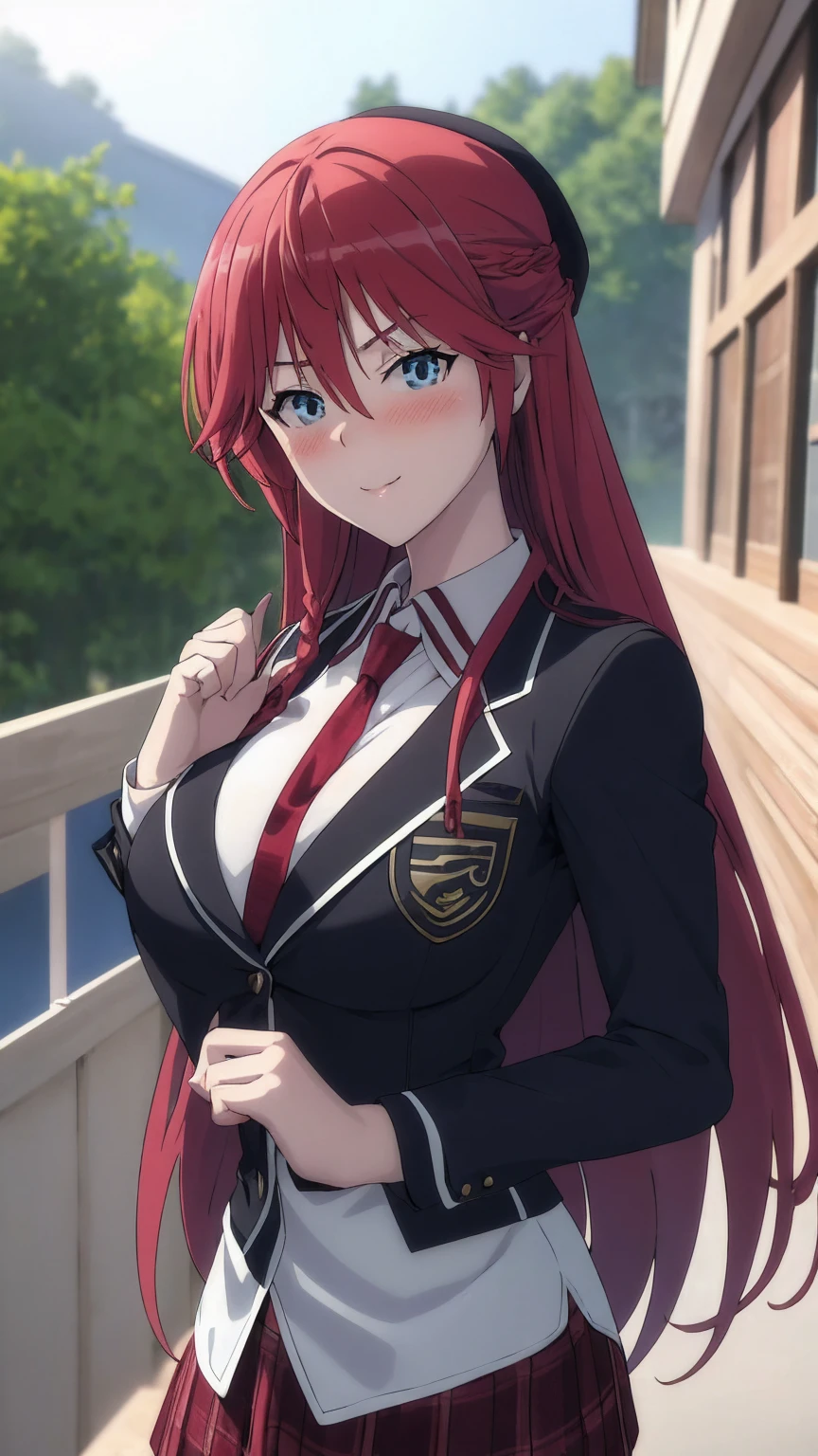 masterpiece, (best quality), 1woman,1girl ,lilith_asami,    long hair, red hair,   blue eyes , braid, side braid, school uniform, shirt, skirt, jacket, necktie,     large breasts,,sexy woman,  adult, smile, blush, vibrant colors ,,natural lighting  ,RTX,  beautiful, (detailed face:1.2), showcase, (perfect eyes:1.1) ,(photorealistic:1.1), 8k uhd,  looking at viewer,   outdoors,  simple backround,(beautiful_face:1.5),(perfect hands, perfect anatomy),