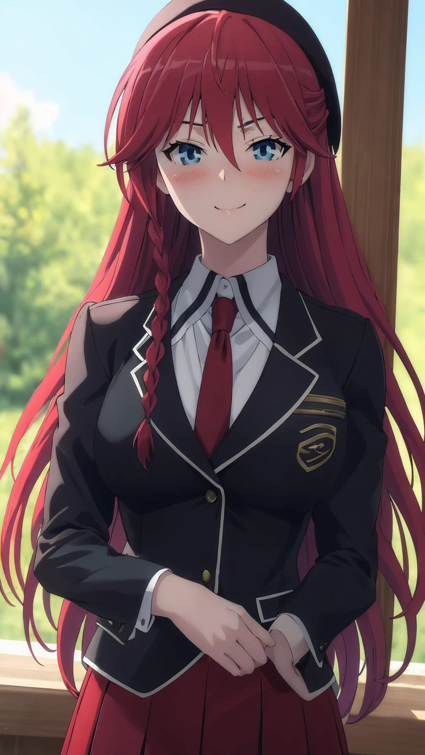 masterpiece, (best quality), 1woman,1girl ,lilith_asami,    long hair, red hair,   blue eyes , braid, side braid, school uniform, shirt, skirt, jacket, necktie,     large breasts,,sexy woman,  adult, smile, blush, vibrant colors ,,natural lighting  ,RTX,  beautiful, (detailed face:1.2), showcase, (perfect eyes:1.1) ,(photorealistic:1.1), 8k uhd,  looking at viewer,   outdoors,  simple backround,(beautiful_face:1.5),(perfect hands, perfect anatomy),