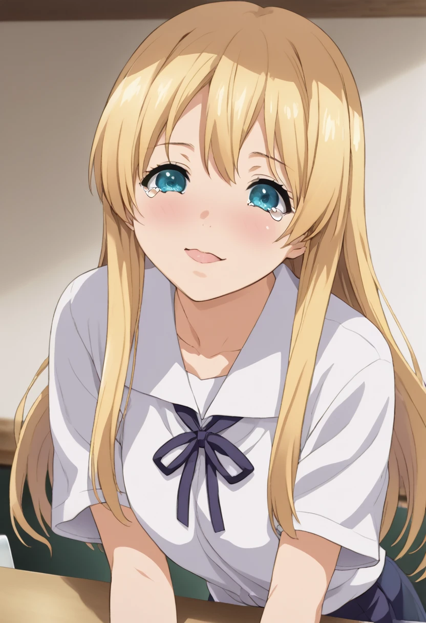 anime girl with long blonde hair and white shirt crying, an anime drawing inspired by Li Chevalier, trending on pixiv, shin hanga, kaworu nagisa, detailed anime soft face, cute anime face, pretty anime face, cute natural anime face, detailed anime face, extremely cute anime girl face, perfect anime face, high detailed face anime